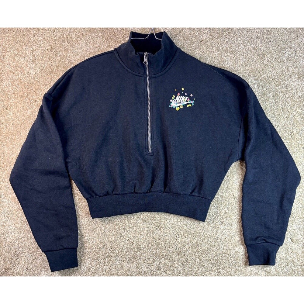 Nike Black Cropped Half Zip Sweatshirt Women XS Flowers and Mushrooms Swoosh NWT